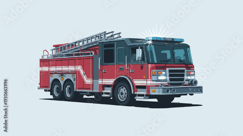 Red Fire Truck with Ladder on Top – Emergency Rescue Vehicle Illustration Isolated on White Background