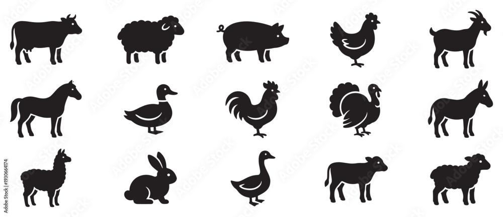 Obraz premium Farm animals silhouettes collection of various domestic creatures commonly found on agricultural properties and homesteads.
