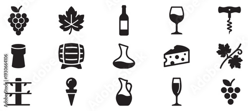 Essential wine icons set featuring grapes, bottles, glasses, corks, barrels, and cheese for beverage concepts.