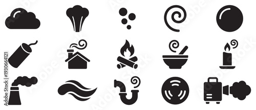 Smoke steam and vapor related icons set illustrating different forms of gaseous emissions and atmospheric phenomena.