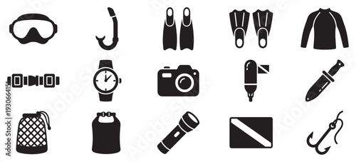 Comprehensive collection of diving and snorkeling equipment icons illustrates essential gear for underwater exploration and aquatic adventures.