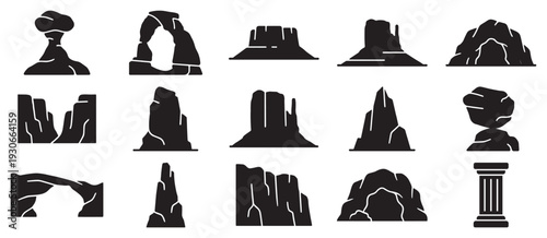 Various desert rock formations and geological features are depicted as a diverse collection of stylized black silhouette icons.