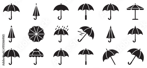 Umbrellas weather protection rain accessory collection of icons representing various states and uses for different weather conditions.