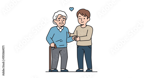 Caring young man supports elderly grandfather with cane, symbol of love