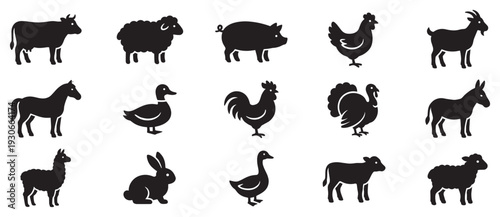 Farm animals silhouettes collection of various domestic creatures commonly found on agricultural properties and homesteads.