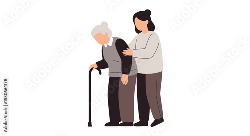 Young woman helps elderly woman with cane, caregiving concept