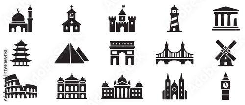 World famous landmarks icons collection featuring diverse architectural structures representing global travel destinations and historical sites.