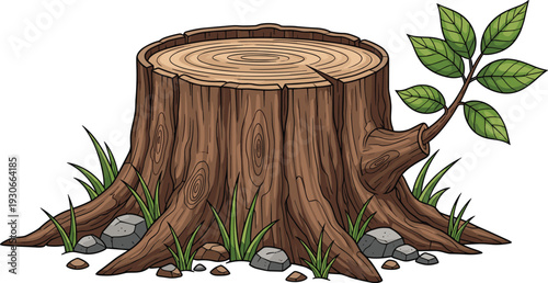 Cartoon style vector illustration of tree stump with roots, grass and rocks, symbolizing nature growth regeneration environment concept, flavector