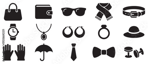 Fashion accessories and clothing items icons set in a clean, modern, and minimalist style for various design projects and digital applications.