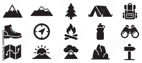 Outdoor adventure camping hiking icons collection represents various elements for exploration and nature activities.