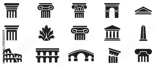 Ancient Roman and Greek architecture icons collection featuring classical columns, arches, temples, and historical landmarks in a minimalist style.