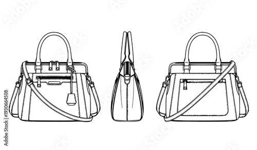 Women’s Fashion Handbag Flat Technical Drawing Front, Side, Back Vector