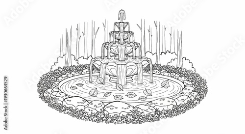 Ornate tiered fountain with cascading water surrounded by stones and foliage