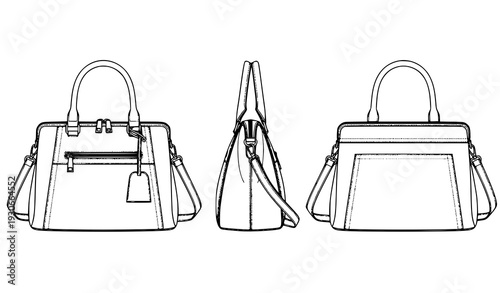 Women’s Fashion Handbag Flat Technical Drawing Front, Side, Back Vector