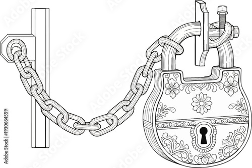 Ornately decorated padlock secured by a chain to a metal post with a bolt