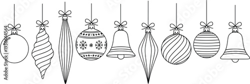 Christmas ornaments illustration, hanging festive decorations, baubles bells teardrop shapes, snowflake stripe patterns, holiday celebration, seasonal design, black white art, flavector