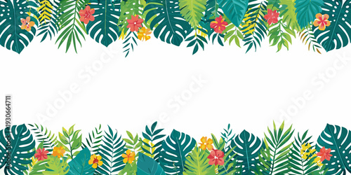 Tropical leaves and flowers create a vibrant border arrangement