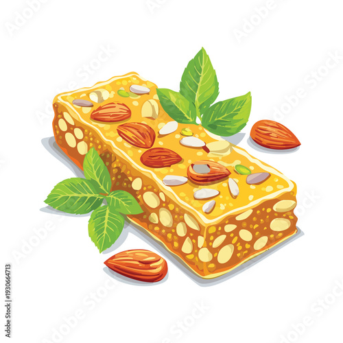 Healthy energy bar with almonds and mint leaves on white