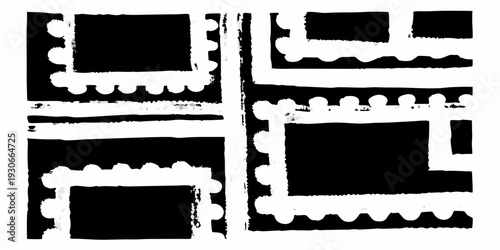 Abstract black and white composition of rectangular and scalloped shapes