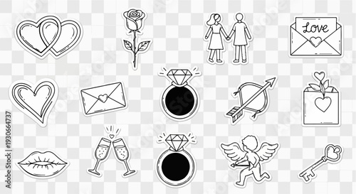 Collection of hand-drawn romantic symbols like hearts, rings, and love letters
