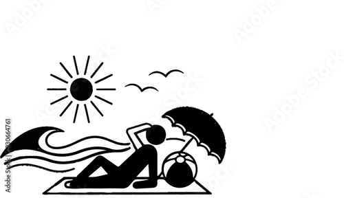 Person relaxing on a beach towel under an umbrella, sun, waves, ball, birds