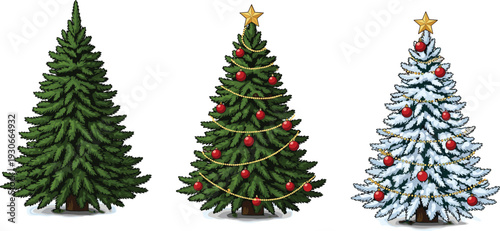 Christmas tree illustration, decorated pine with ornaments, snowy frosted tree, golden star garland, holiday celebration, festive decoration, seasonal winter design, flavector