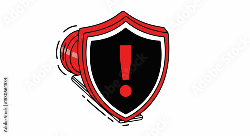 Red shield with exclamation mark and ringing bell, conveying alert