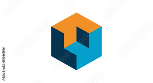 Abstract Geometric Cube Shape with Orange and Blue Colors.