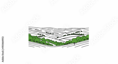 Rolling green hills with sparse trees under a lined sky