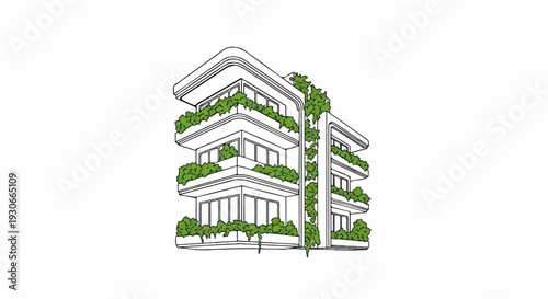 Modern multi-story building adorned with lush green foliage cascading over balconies