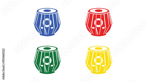Colorful traditional hand drums displayed in four distinct vibrant hues