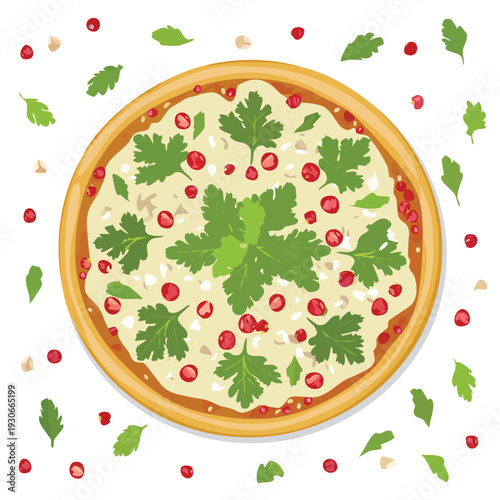 Overhead view of a prepared pizza decorated with greens and berries
