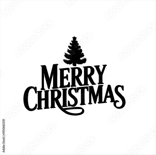Festive black‑and‑white graphic with bold “MERRY CHRISTMAS” text and tree silhouette, simple design conveying holiday spirit and seasonal greeting