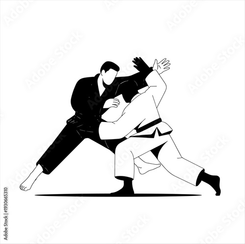 Black‑and‑white illustration of two martial artists in gi performing throw, dynamic design capturing motion and technique in judo or aikido