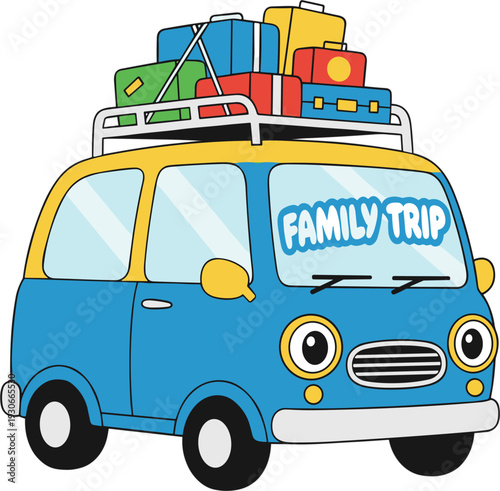 Cartoon Blue Mini Van Packed With Colorful Luggage On Roof Rack Ready For Family Trip Adventure
