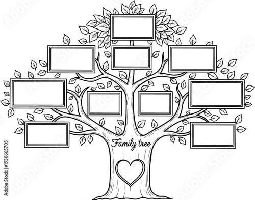 Family tree illustration with branches, leaves, frames for genealogy, ancestry chart, heritage record, family history design, vector art – flavector