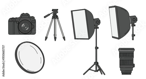 Studio lighting equipment set with camera and tripod.