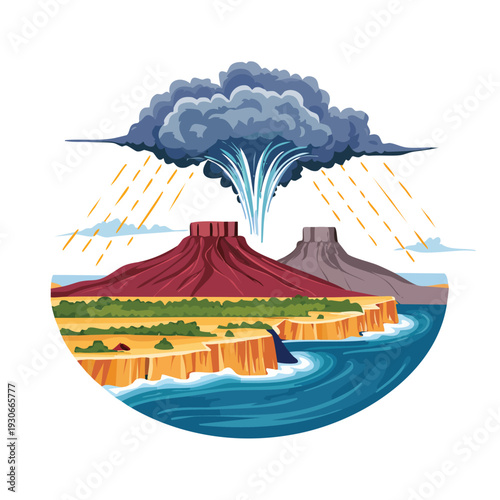 Illustrated landscape with volcanic mountains and rainfall