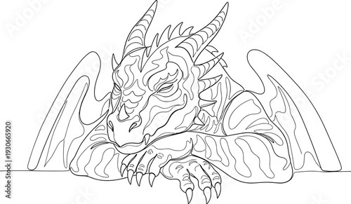 Mystical dragon resting with sharp claws and horns