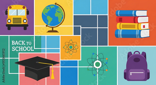 A colorful back to school graphic with school supplies and icons