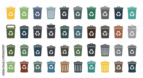 Colorful recycling bins and trash cans.