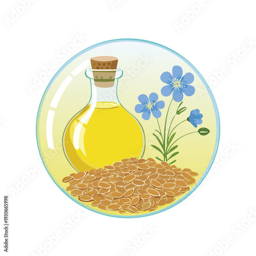 Healthy flaxseed oil and seeds illustration with flowers
