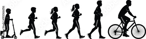 Human growth silhouette, childhood to adulthood, running activity, scooter riding, bicycle motion, fitness lifestyle, development stages, evolution concept, active people illustration, flavector