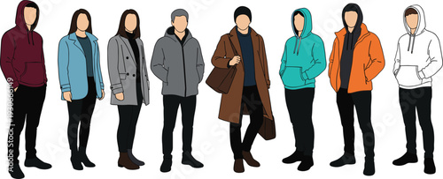 Fashion illustration of diverse outerwear styles, jackets coats hoodies, casual and semi‑formal attire, winter fall clothing collection art flavector
