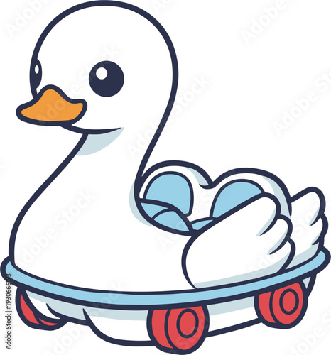 Cute White Duck Pedal Boat Toy With Red Wheels And Blue Accents