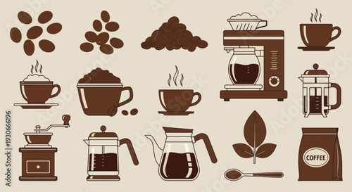 coffee icons set coffee maker coffee beans.