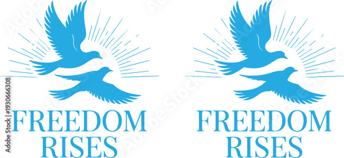 Eagles soaring above radiant sunburst symbolizing freedom rising, minimal clean hand drawn outline vector illustration.