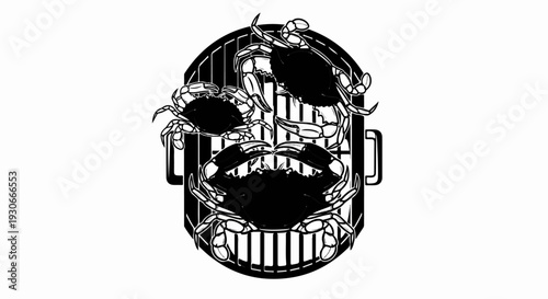 Black crabs on a striped grill, a popular seafood barbecue dish