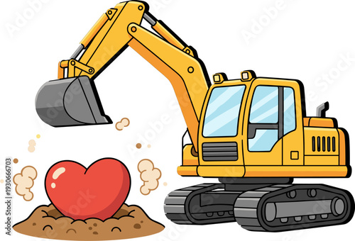 Yellow Excavator Digging Up Red Heart with Dirt Flying Isolated on White