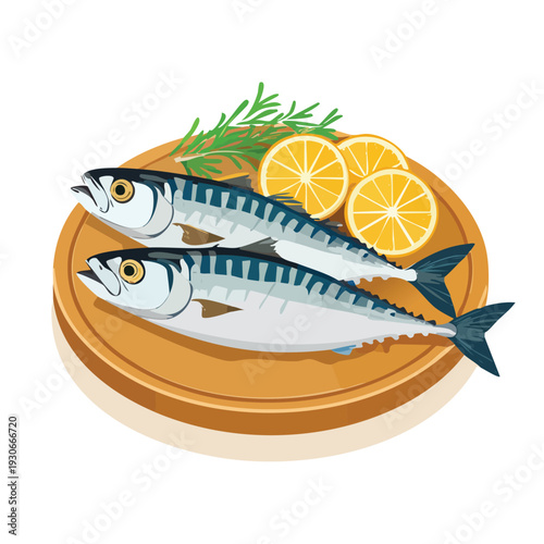Fresh mackerel fish with lemon slices and rosemary on a wooden plate